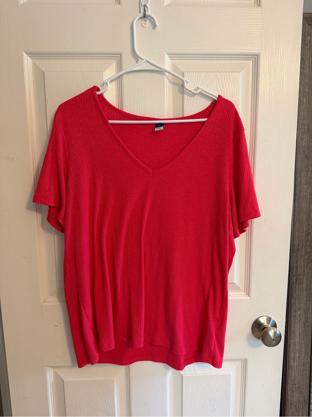 Old Navy Ribbed V-Neck Short Sleeve Top - Bright Pink